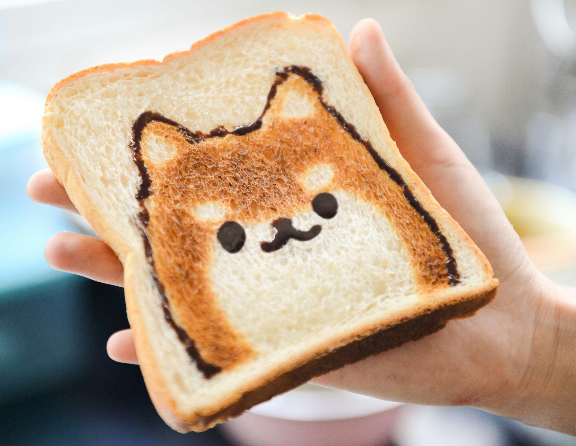A hand holding a slice of toast with a shiba dog face drawn on it in what might be chocolate syrup